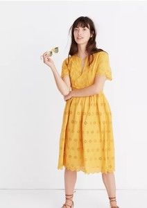 Madewell Mustard Yellow Scalloped Floral Eyelet Midi Dress Women's Size 0